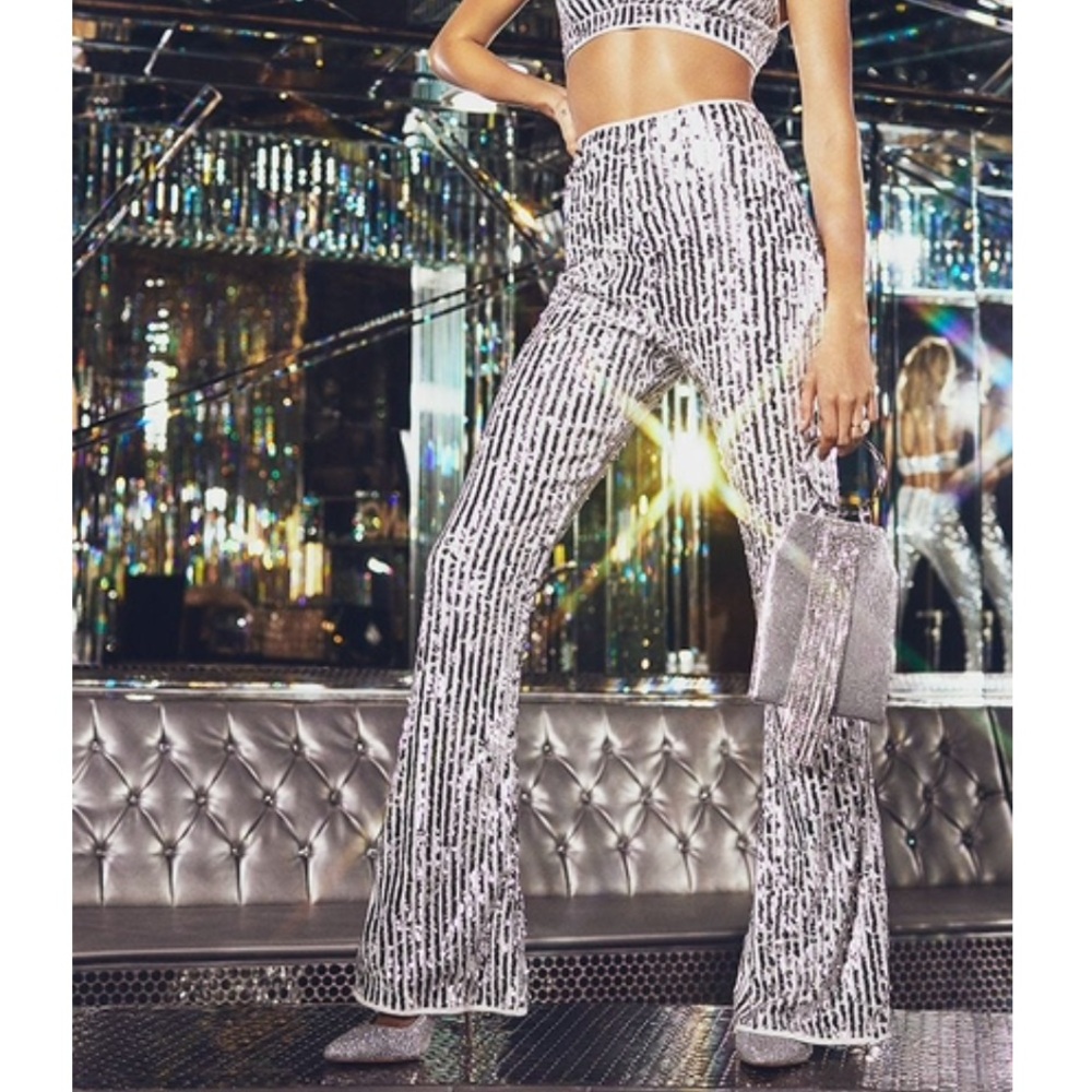 12th Tribe Silver Sequin Flared Trousers